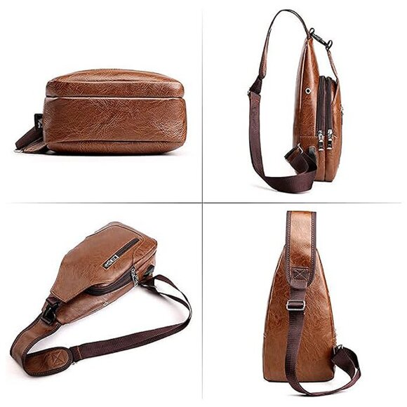 Sleek Black Men's Sling Bag with USB Charging Port - Picture 5 of 9